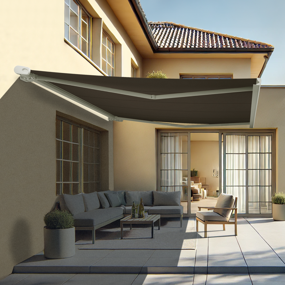 Store banne coffre yukon (motorisé secours à télécommande + led - taupe - blanc - 5,98 x 3,50m)