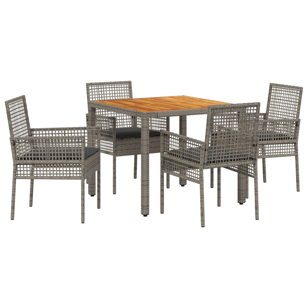 Set de salle à manger de jardin 5 pièces avec coussins gris en poly rattan