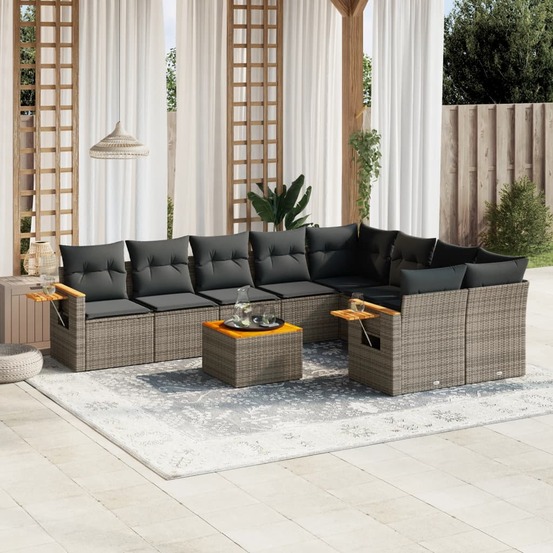 Salon de jardin avec coussins 10 pcs gris résine tressée