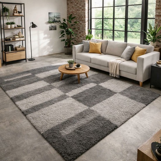 Tapis poils longs shaggy 200x290 rectangle tissé crème motif géométrique