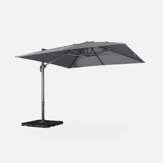 Parasol déporté carré 3x3m haut de gamme excentré inclinable rotatif à 360° + lot de 4 dalles à lester 50x50cm