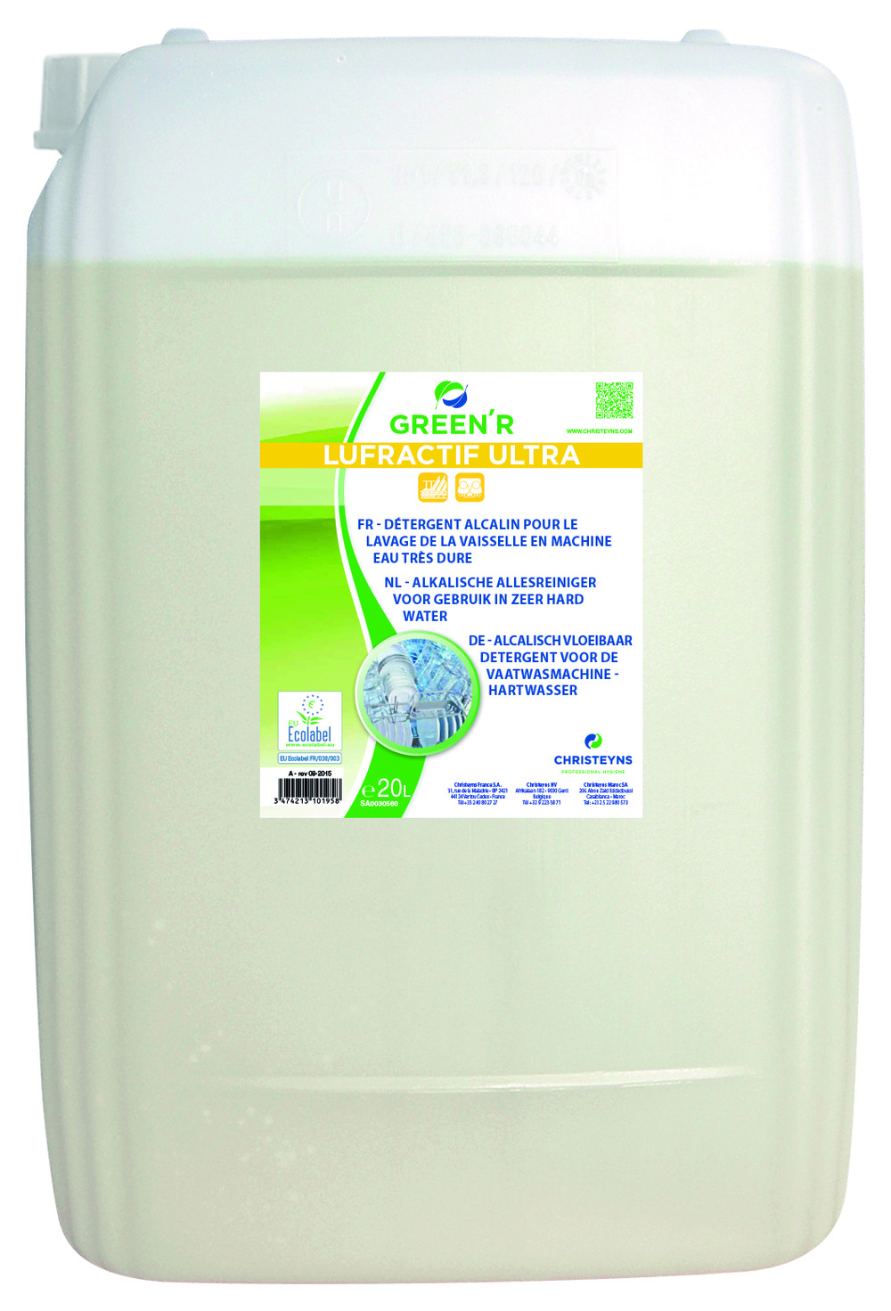 Détergent liquide lave-vaisselle pour eaux dures - bidon 20 litres - christeyns