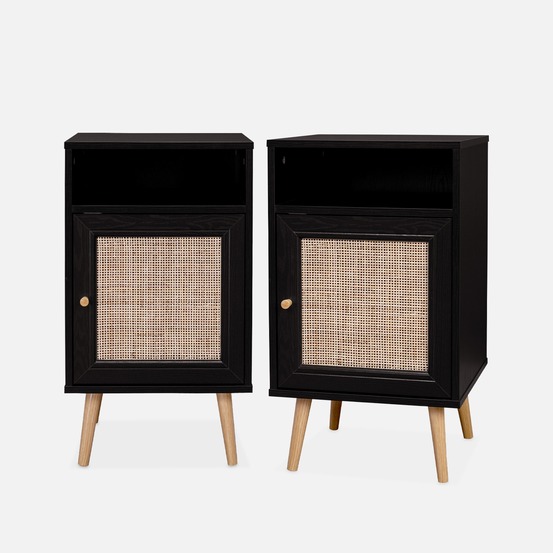 Lot de 2 tables de chevet en cannage - bohème - 40x39x70cm - 2 niveaux - 1 portes - 1 espace de rangement - pieds scandinaves