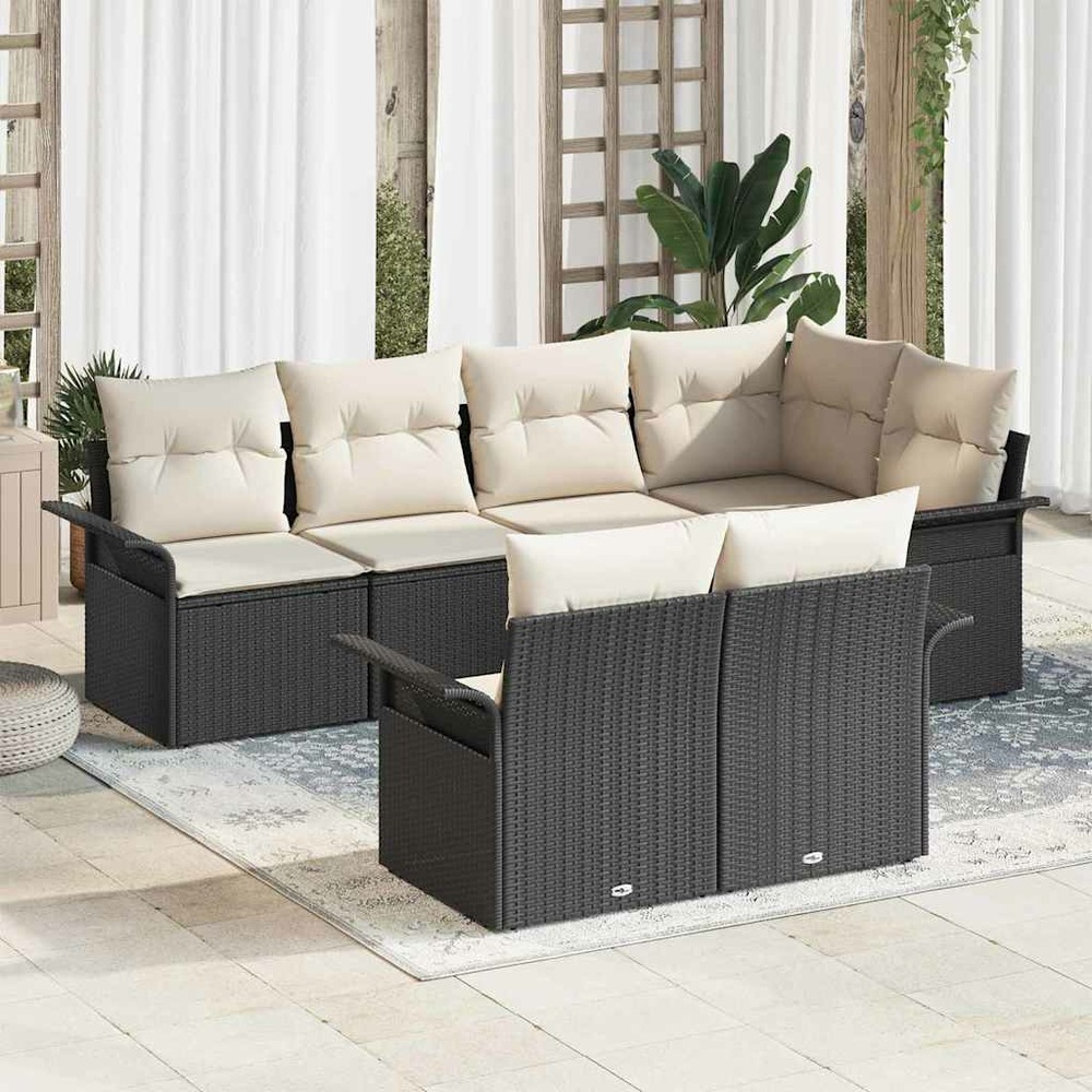 Ensemble de canapé de jardin avec coussin 7 pcs noir polyrotin