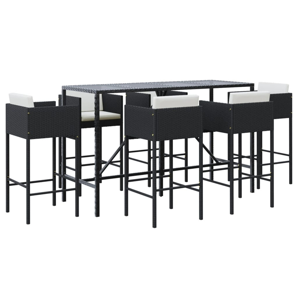 Ensemble de bar de jardin 7 pcs avec coussins noir poly rotin