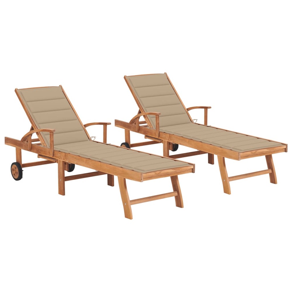 Lot de 2 transats chaise longue bain de soleil lit de jardin terrasse meuble d'extérieur avec coussin beige bois de teck soli