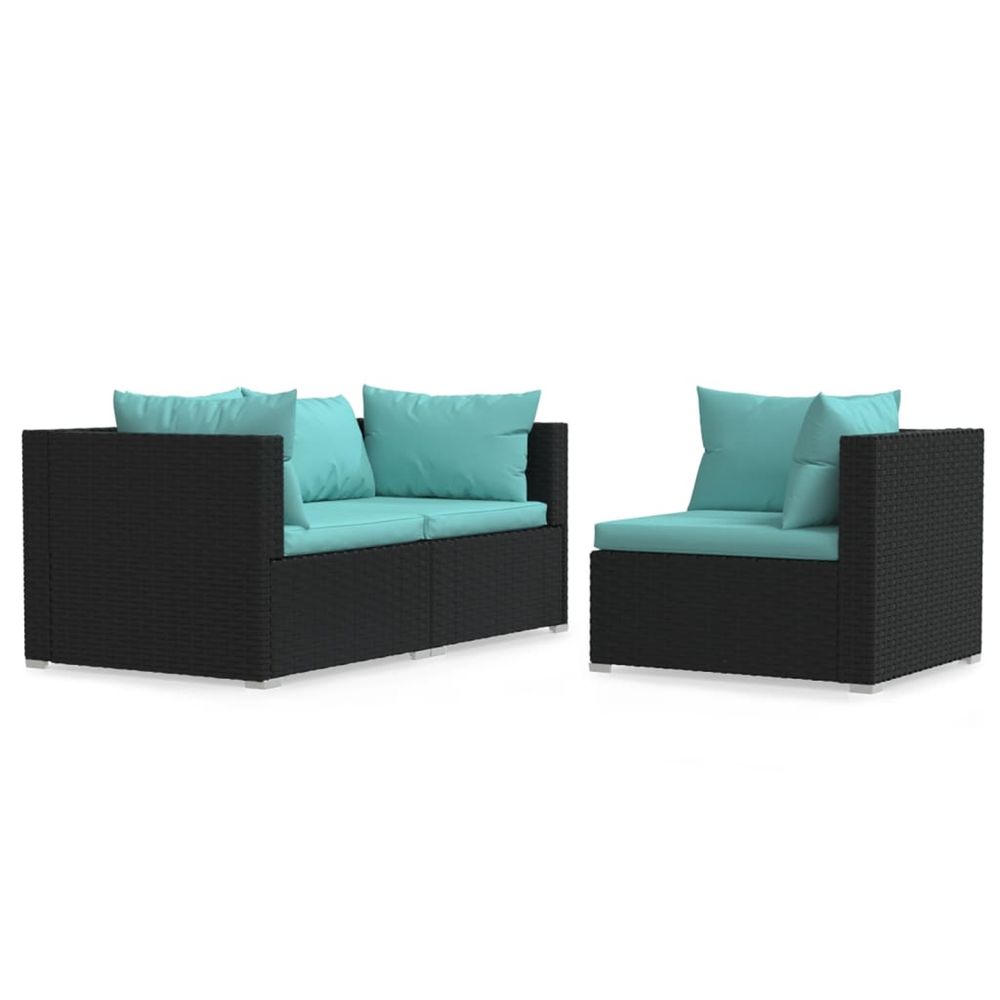 Salon de jardin 3 pcs avec coussins noir résine tressée
