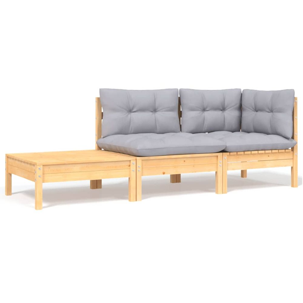 Salon de jardin 3 pcs avec coussins gris bois de pin massif