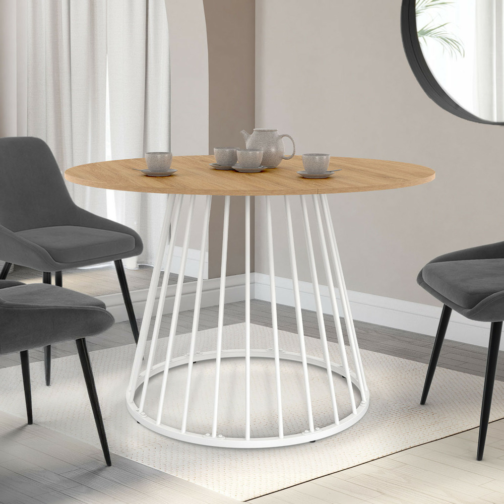 Table à manger ronde yuna 6 personnes plateau bois et pied filaire en métal blanc 110 cm