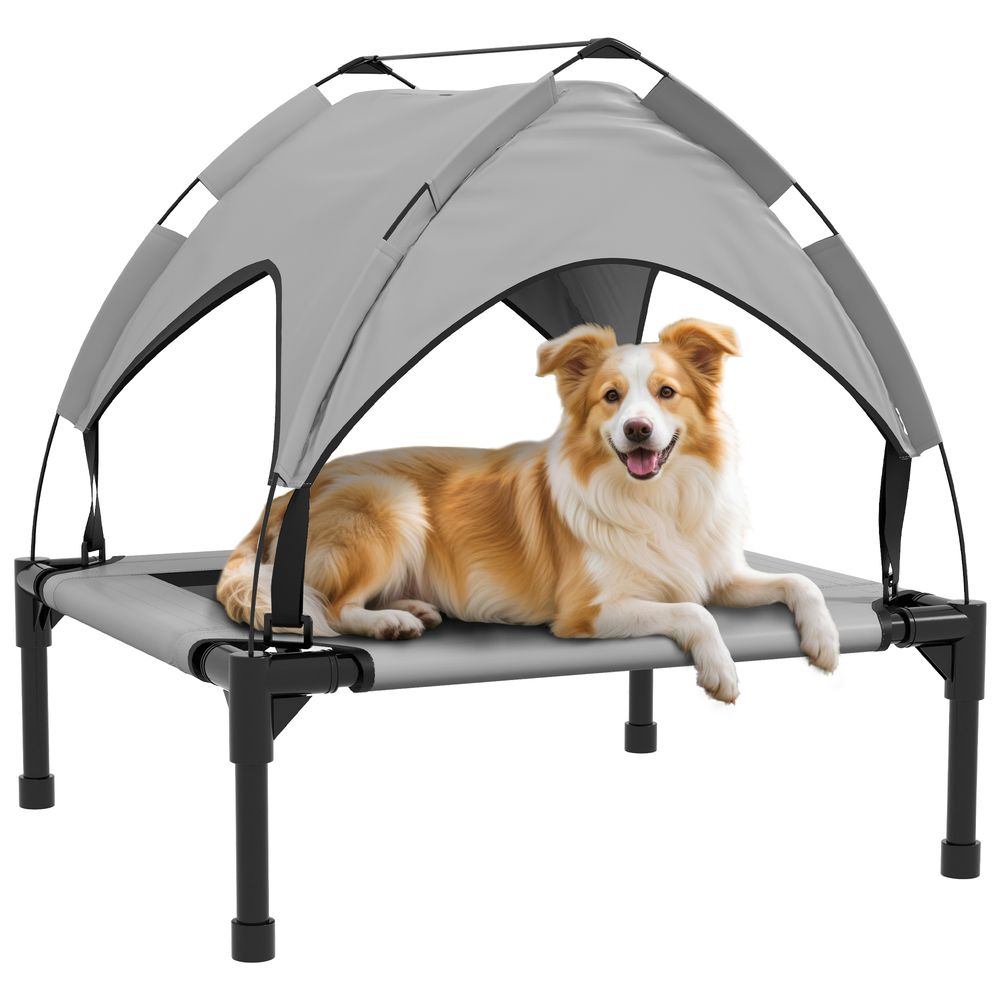Lit surélevé pour chien acier oxford 76x61x69,5 cm gris extérieur avec auvent uv - comfortxl outdoor living
