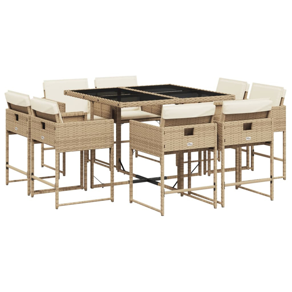 Ensemble à manger de jardin et coussins 9 pcs beige poly rotin