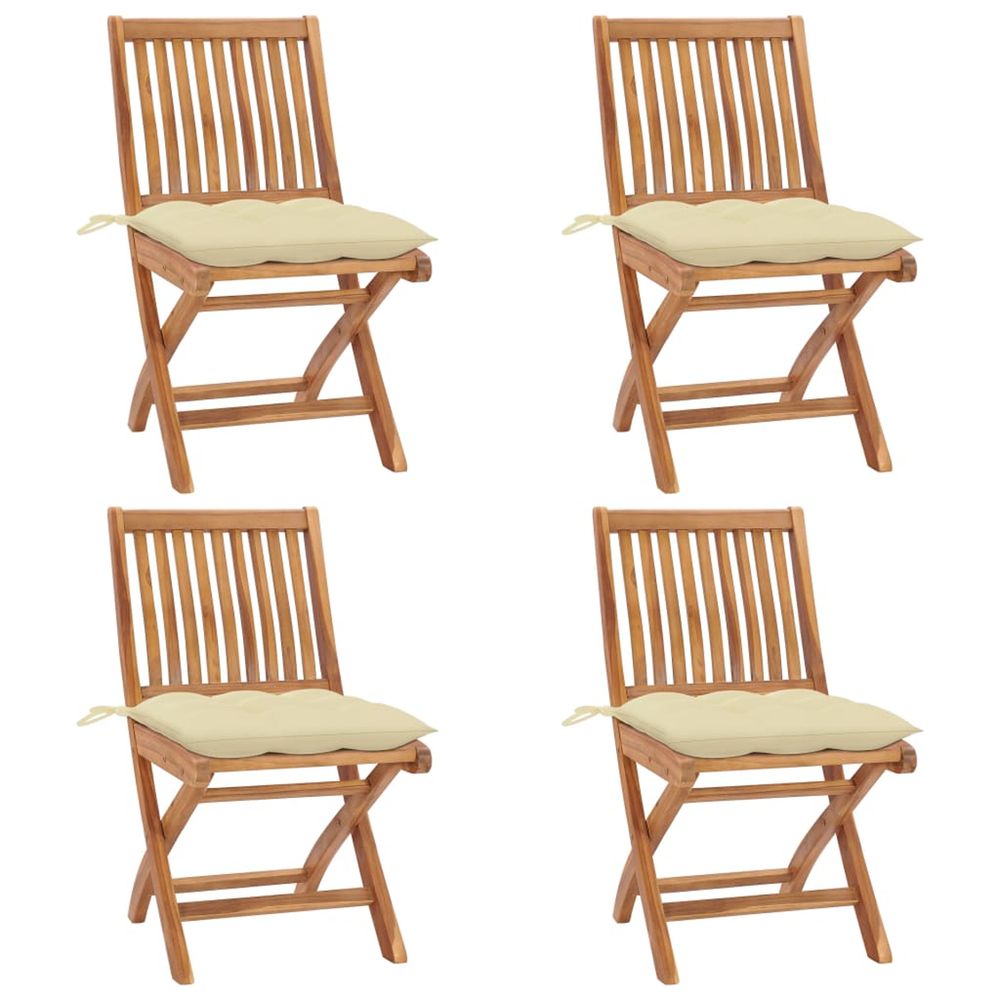 Chaises pliantes avec coussins, 4 pièces, en teck massif