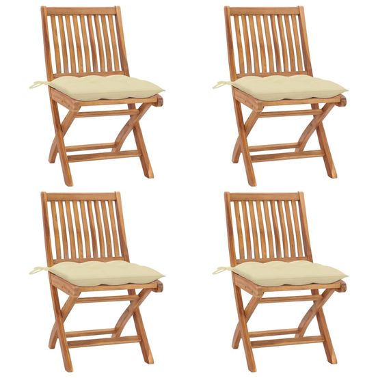 Chaises pliantes avec coussins, 4 pièces, en teck massif