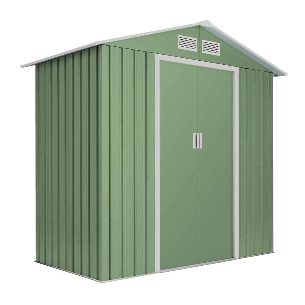 Wasabi - abri de jardin métal 2,57m² light green – porte coulissante double, grilles de ventilation, rangement