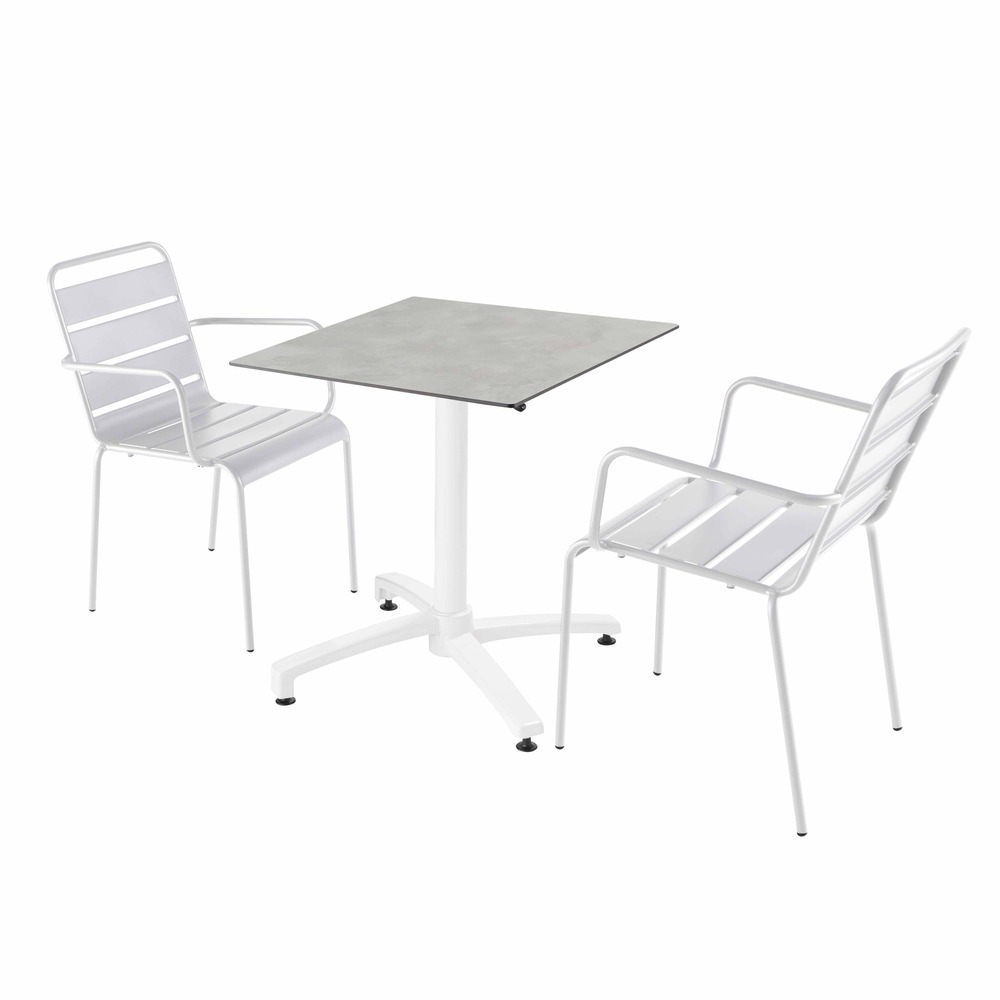 Ensemble table terrasse stratifié béton avec 2 fauteuils blanc