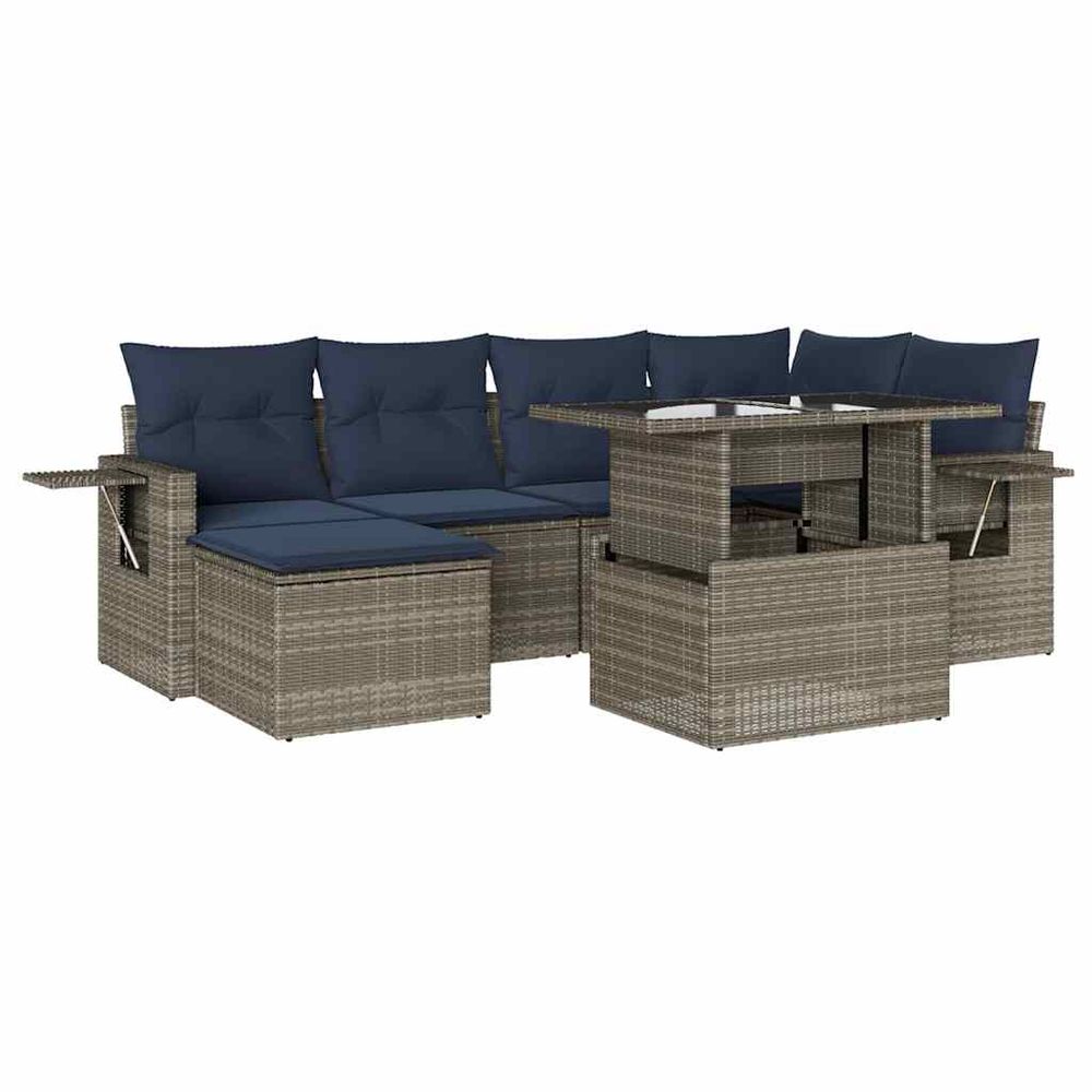 Ensemble de canapé de jardin 7 pcs avec coussins gris résine tressée