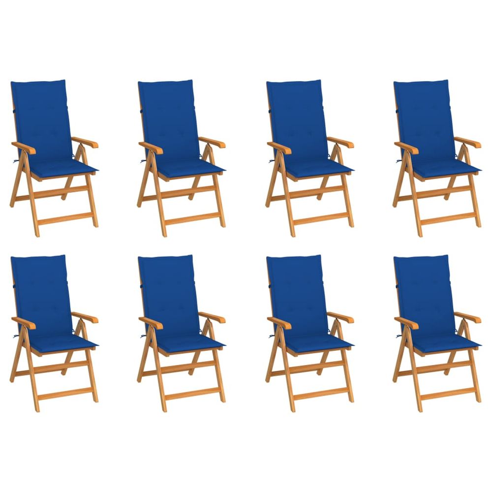 Fauteuils pliants inclinables avec coussins, 8 pièces, en teck massif