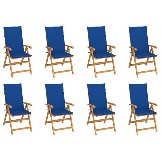 Fauteuils pliants inclinables avec coussins, 8 pièces, en teck massif