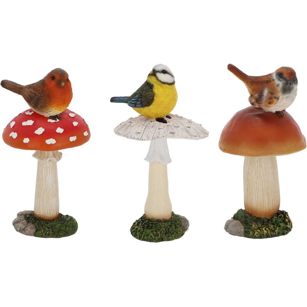 Champignons assortis avec oiseau en polyrésine (lot de 3) taille l