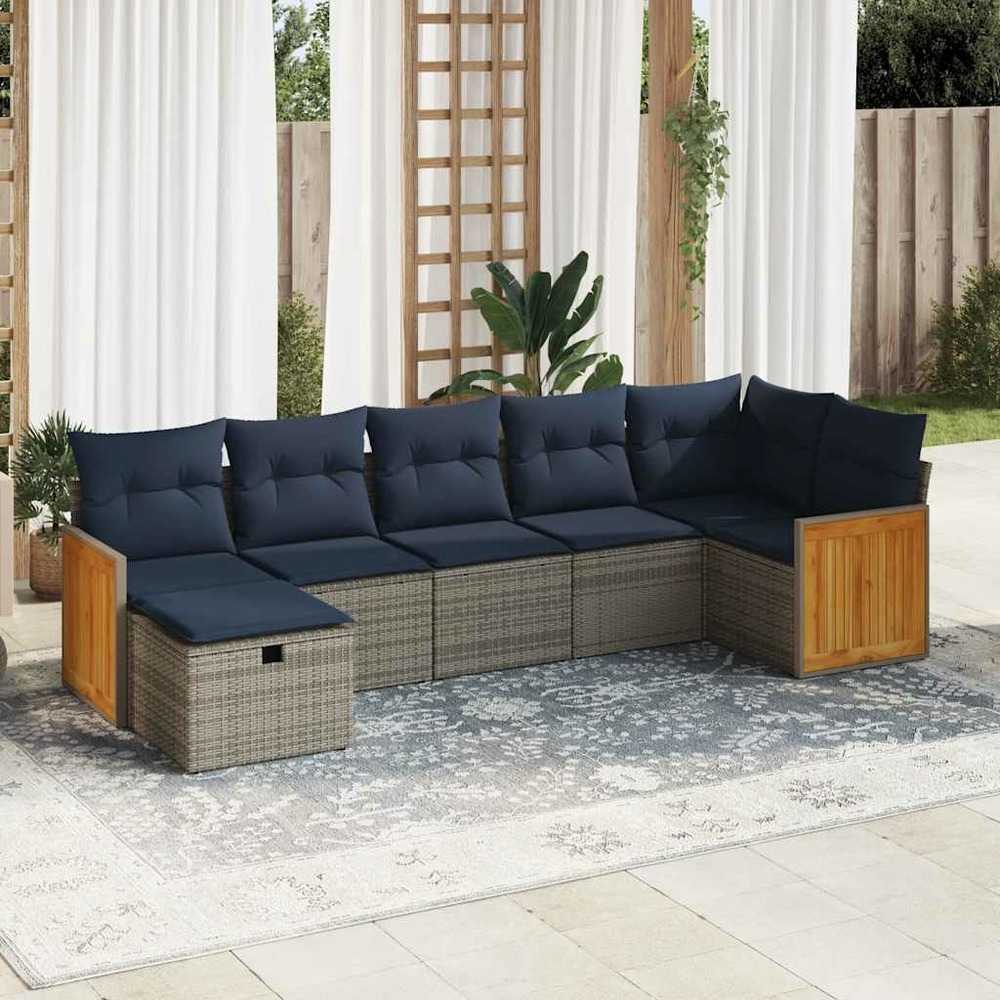 Salon de jardin avec coussins 7 pcs gris résine tressée
