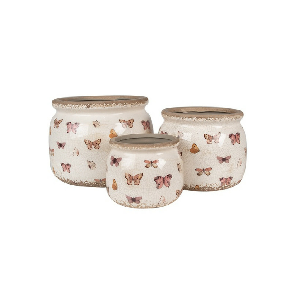 Pot de fleurs d'intérieur beige à papillons 16x13cm