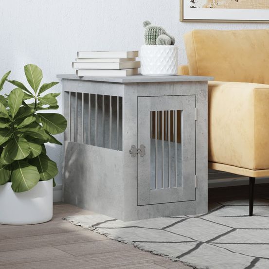 Meuble cage chien bois et acier table d'appoint gris béton 59cm