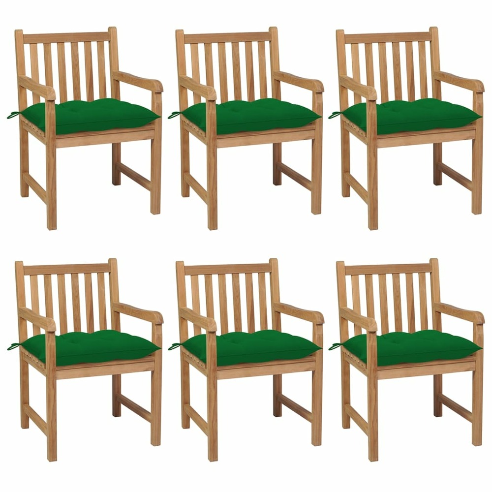 Chaises de jardin lot de 6 et coussins vert bois de teck solide