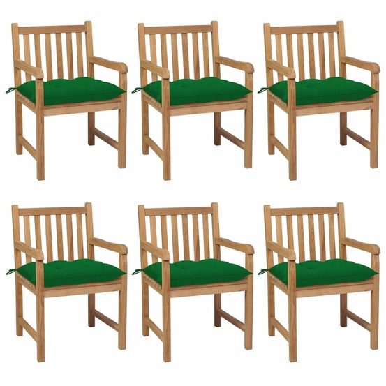 Chaises de jardin lot de 6 et coussins vert bois de teck solide