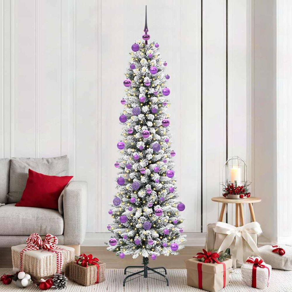 Sapin de noël décoré 210 cm effet neige, avec 300 lumières led et 120 boules vert et blanc