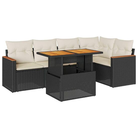 Salon de jardin 6 pcs avec coussins noir résine tressée acacia