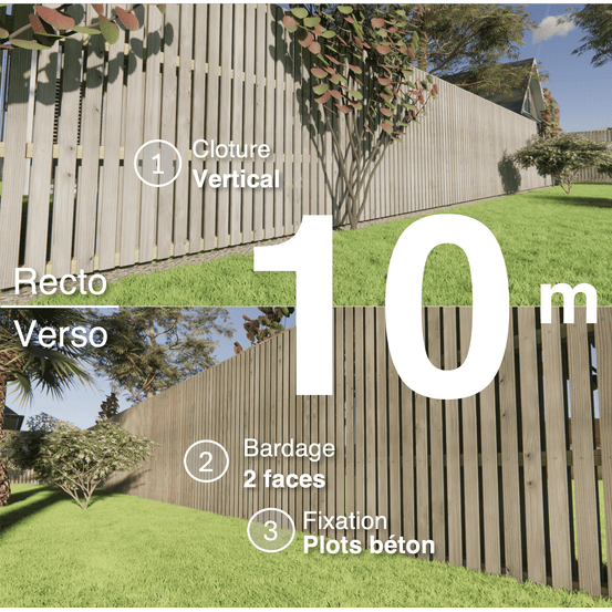 Kit clôture bois moderne 10m – h 1,9m – 20 x 70 mm autoclave gris – pose vertical – double face – à sceller