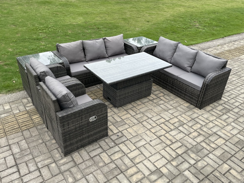 Ensemble de salle à manger jardin en rotin ave table à manger réglable en hauteur 2 chaises inclinable 2 table d'appoint