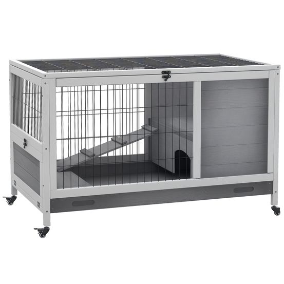 Clapier intérieur compact sur roulettes bois lapin toit ouvrant 90x53x59cm gris