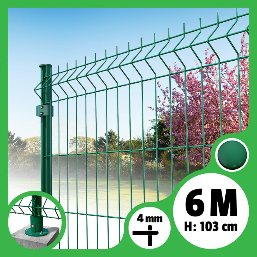 Kit grillage rigide poteaux ronds - longueur 6 mètres - 103 cm, vert, a visser ( platines fournies )