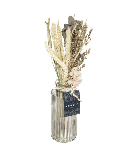 Composition de fleurs séchées vase en verre h 28 cm