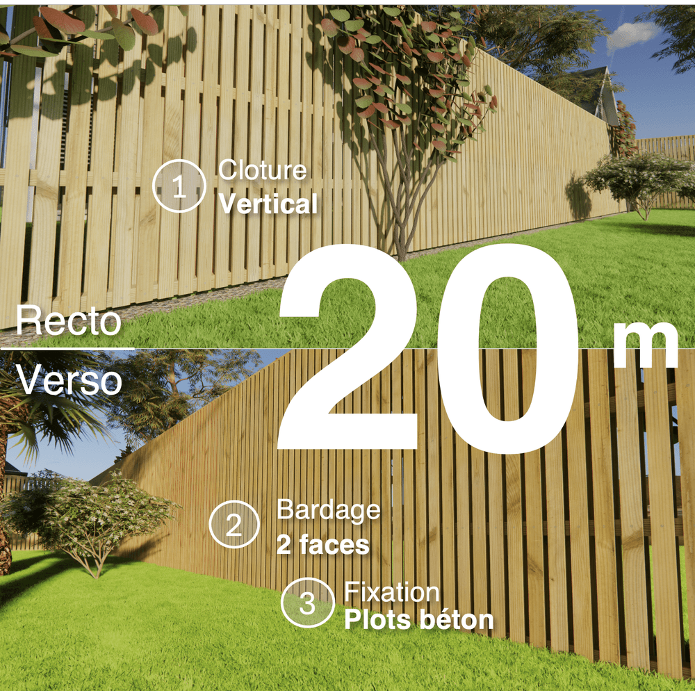 Kit clôture bois moderne 20m – h 2,3m – 20 x 60 mm autoclave vert – pose vertical – double face – à sceller