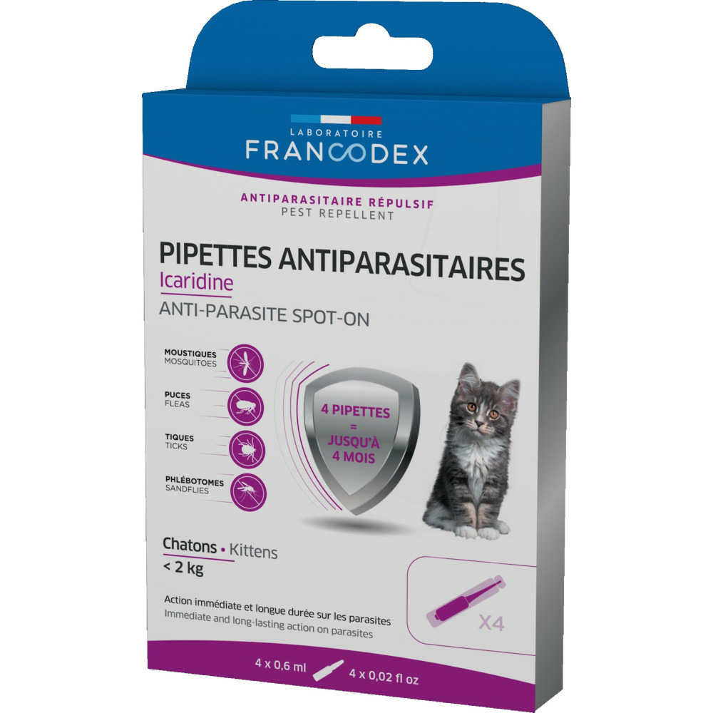 4 pipettes antiparasitaires icardine pour chatons moins de 2 kg