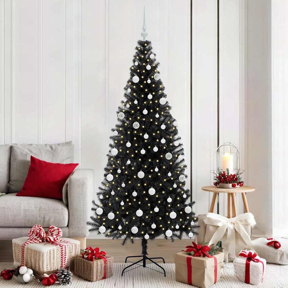 Décoration noël : sapin artificiel noir 180cm avec 120 boules et guirlande led usb