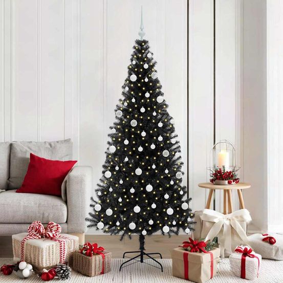 Décoration noël : sapin artificiel noir 180cm avec 120 boules et guirlande led usb