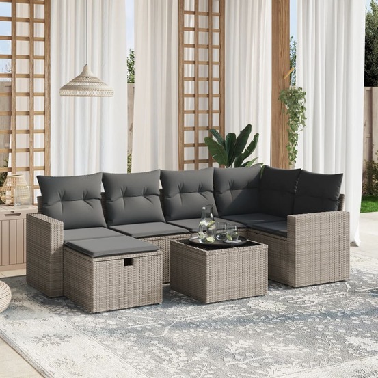 Salon de jardin avec coussins 7 pcs gris résine tressée