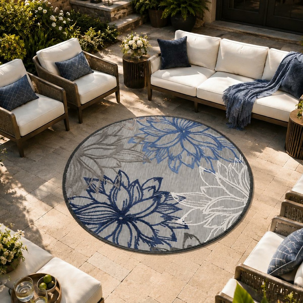 Tapis rond d'extérieur ø120cm tissé kilim gris et bleu chimeko