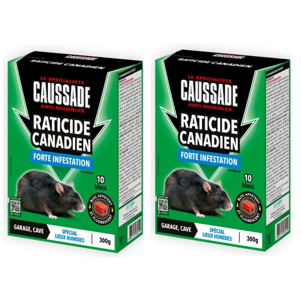 Caussade raticide canadien - anti rats - efficacité radicale - lieux très humides – 20 appâts blocs fluorescents - 600g carblbf300x2