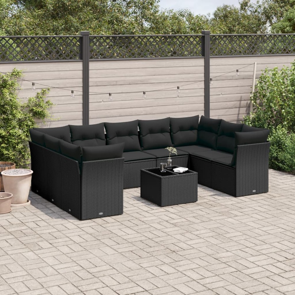 Salon de jardin 10 pcs avec coussins noir résine tressée
