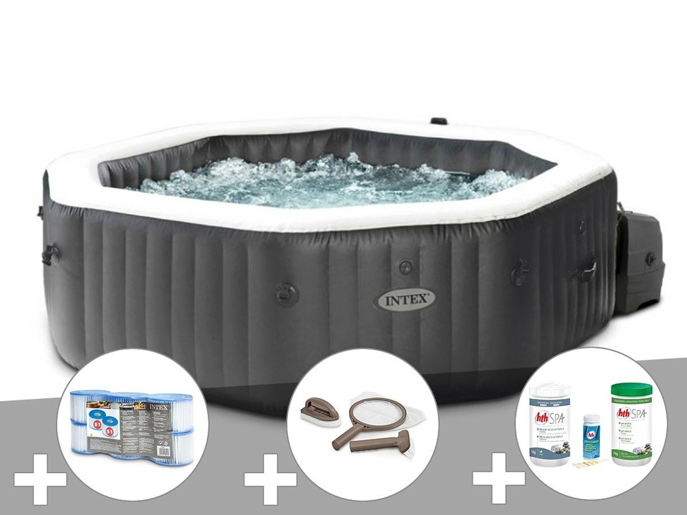 Kit spa gonflable purespa carbone octogonal bulles et jets 4 places + 12 filtre