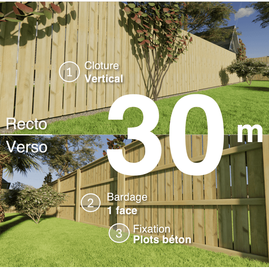 Kit clôture bois moderne 30m – h 1,9m – 21 x 145 mm autoclave vert – pose vertical – simple face – à sceller