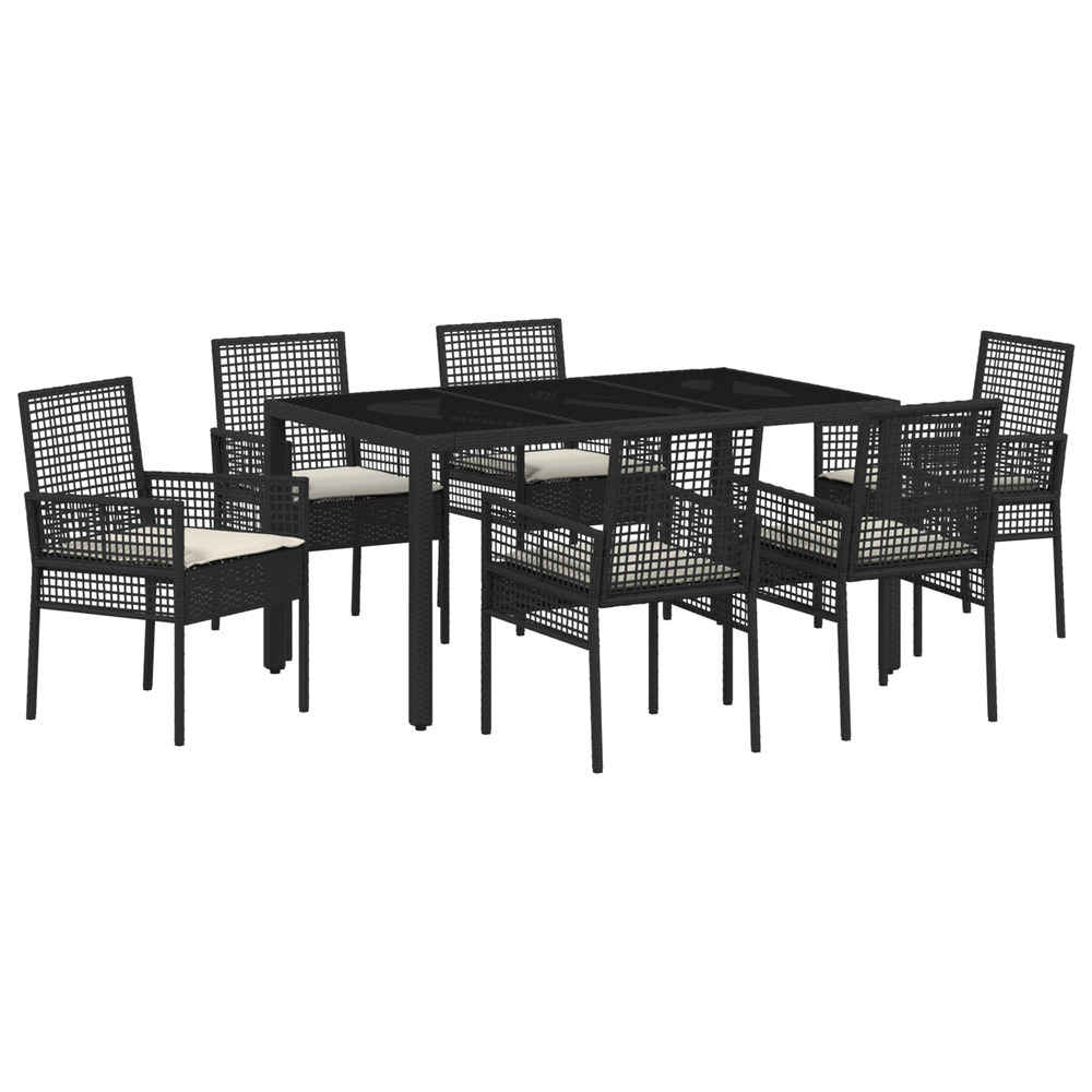 Ensemble de salle à manger de jardin de 7 pièces avec coussins en poly rattan noir