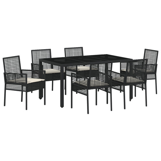 Ensemble de salle à manger de jardin de 7 pièces avec coussins en poly rattan noir