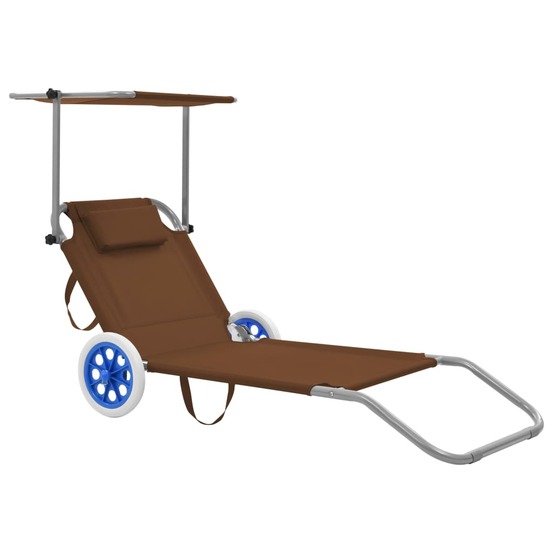 Chaise longue pliable avec auvent et roues acier taupe