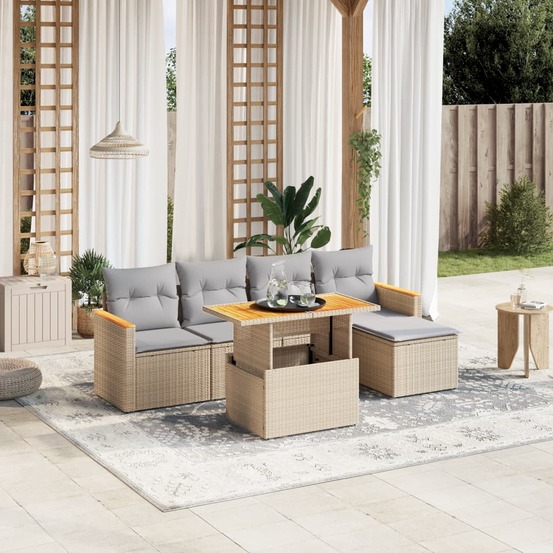 Salon de jardin avec coussins 6 pcs beige résine tressée