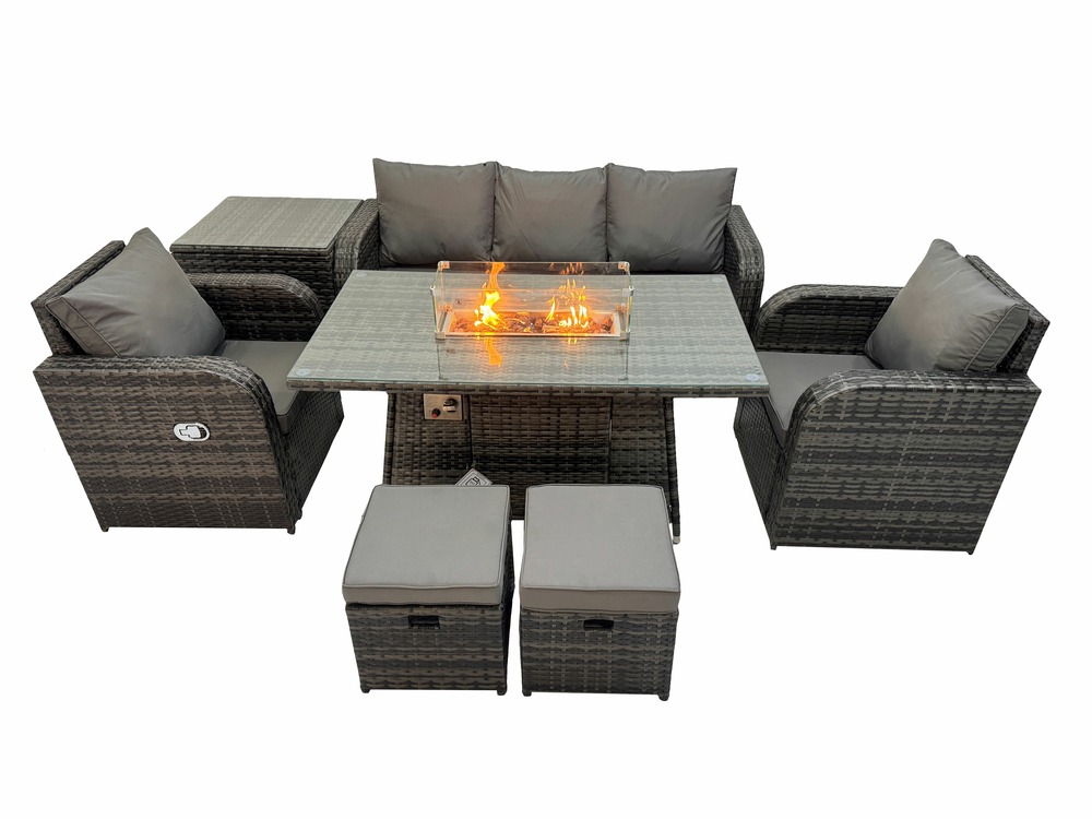 Salon de jardin exterieur table de foyer à gaz avec canapé lounge tables d'appoint 2 petits tabourets